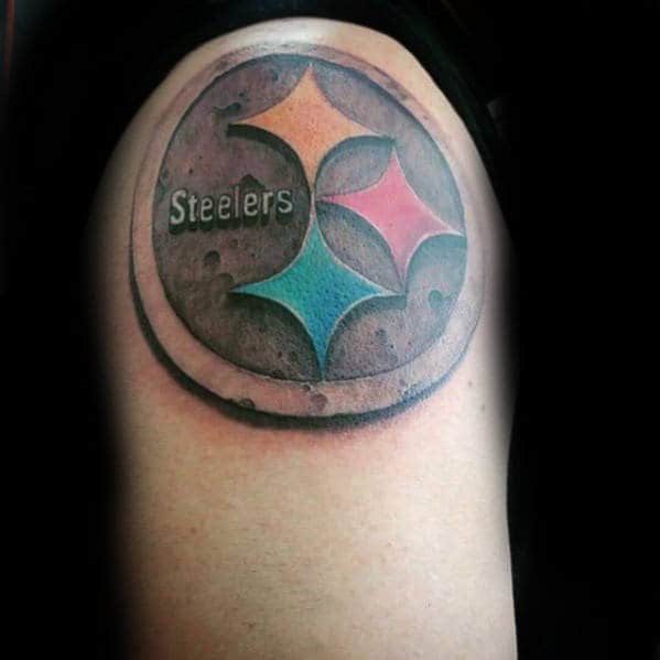 Guy With Upper Arm Pittsburgh Steelers Logo Tattoo