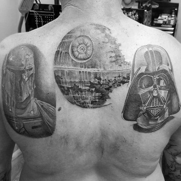 Back tattoo featuring Boba Fett on the left, the Death Star in the center, and Darth Vader on the right