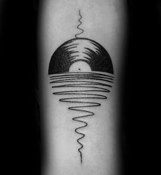 Guy With Vinyl Record Sound Wave Small Inner Forearm Tattoo Design