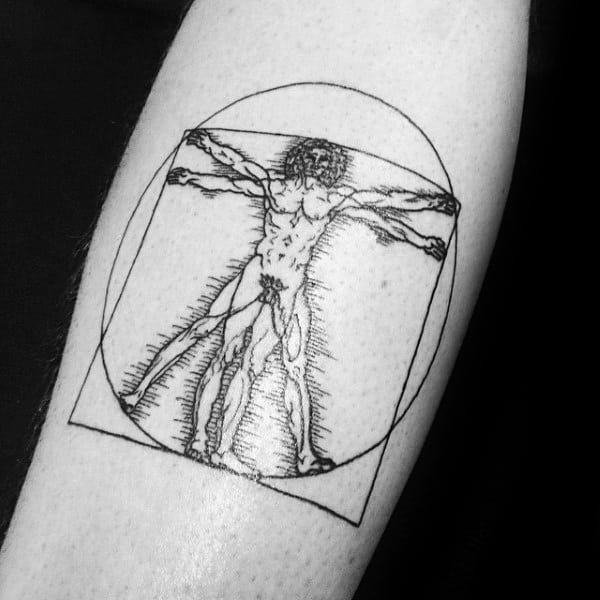 Guy With Vitruvian Man Inner Forearm Tattoo