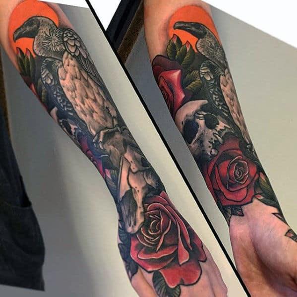 Guy With Vulture Skull And Rose Flower Forearm Tattoo