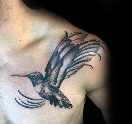 Guy With Watercolor Hummingbird Upper Chest And Shoulder Tattoo