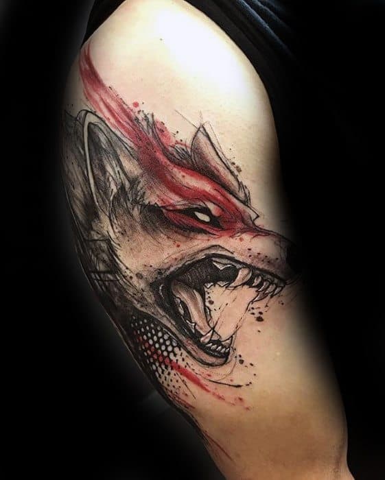Guy With Watercolor Wolf Arm Gamer Tattoos