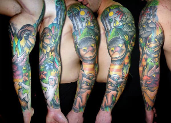 Guy With Where The Wild Things Are Full Sleeve Tattoo Design