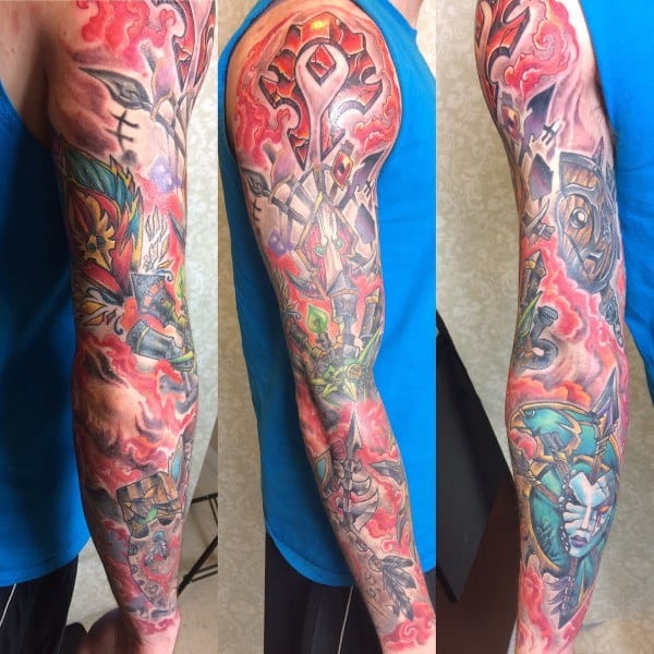 Vibrant full-sleeve World of Warcraft tattoo featuring the Horde emblem, fierce characters, and fiery red background, inked in a bold fantasy style.