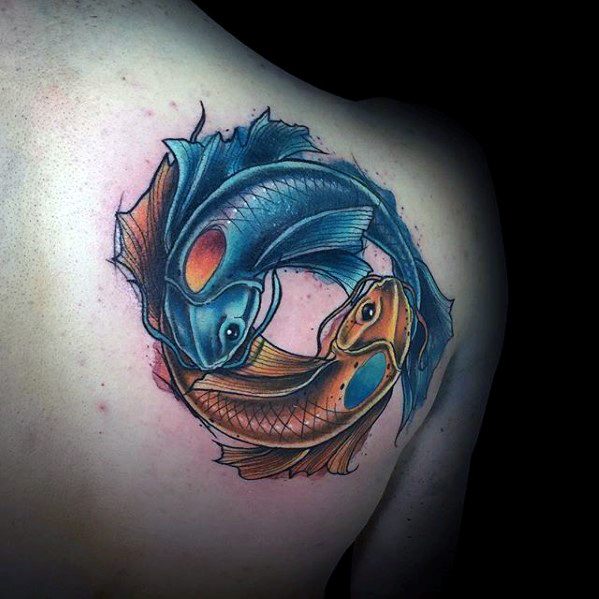 Guy With Yin Yang Koi Fish Tattoo Design On Shoulder Of Back