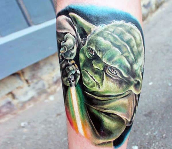 Guy With Yoda Tattoo Quarter Sleeve On Leg