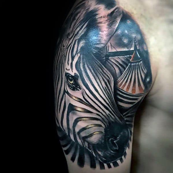 Guy With Zebra Stripes Circus Tent Quarter Sleeve Tattoo Design