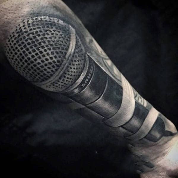 Guys 3D Black Mic Music Tattoos On Legs