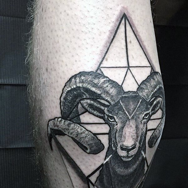 Guys 3D Goat Face With Triangle Tattoo