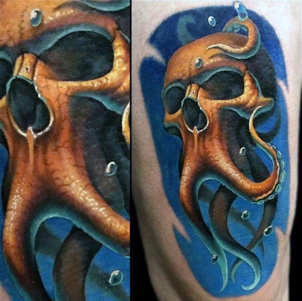 Octopus emerging from a skull, with vibrant orange and blue hues, creating a dynamic and underwater-inspired design.