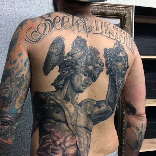 Guys 3d Back Perseus With Medusa Head Tattoos