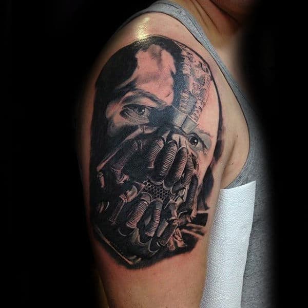 Guys 3d Bane Upper Arm Tattoo Inspiration