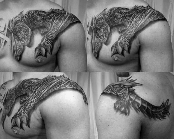 Guys 3d Dragon Shoulder And Chest Tattoo