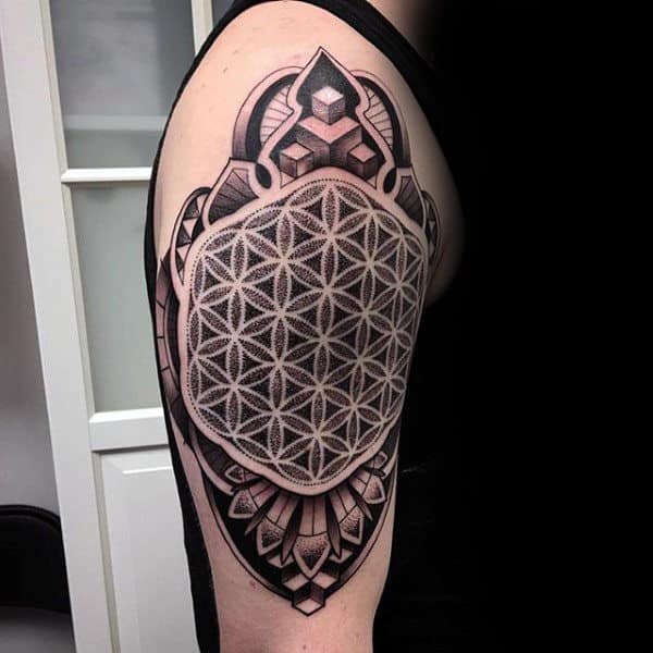 Guys 3d Flower Of Life Upper Arm Tattoo Designs