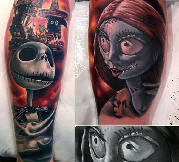 Guys 3d Jack And Sally Night Before Christmas Sleeve Tattoo
