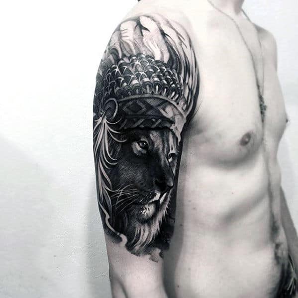 Guys 3d Lion With Indian Head Arm Tattoo