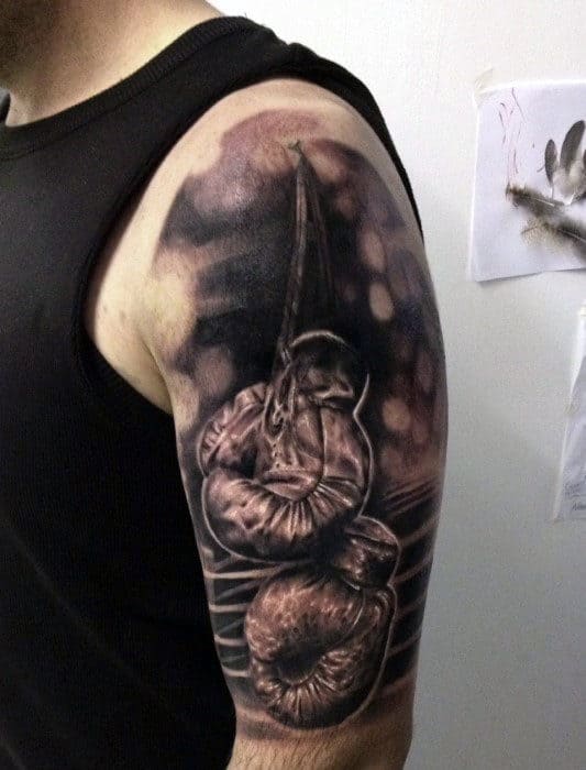 Guys 3d Realistic Boxing Gloves Tattoo Half Sleeve Design With Watercolor Background