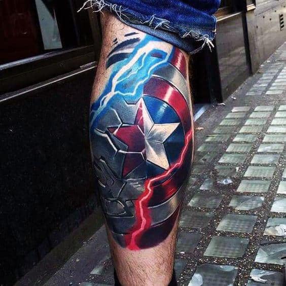 Guys 3d Realistic Electric Captain America Shield Marvel Back Of Leg Tattoo
