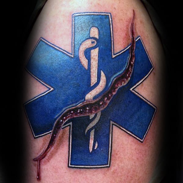 Guys 3d Ripepd Skin Paramedic Star Of Life Upper Arm Tattoo