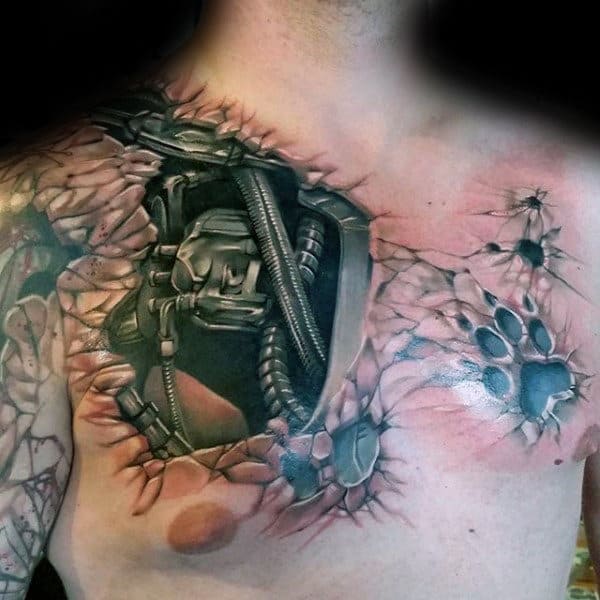 Guys 3d Stone Cyborg Terminator Upper Chest Tattoo