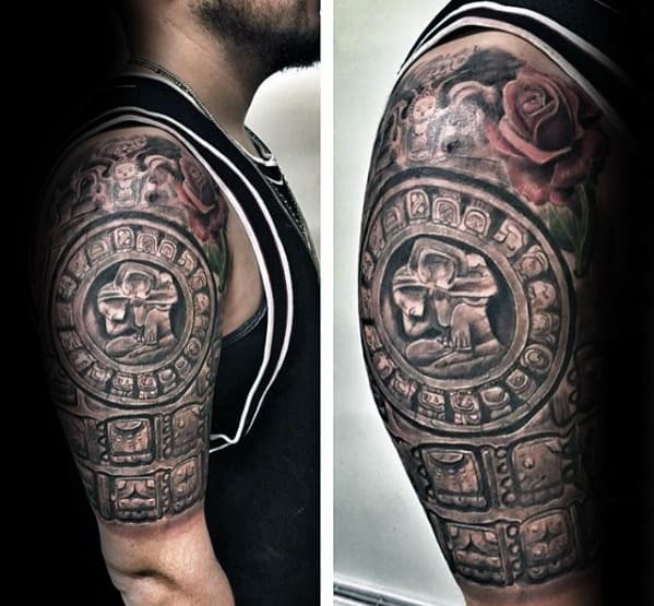 Guys 3d Stone Half Sleeve Mayan Calender Tattoo Design Ideas