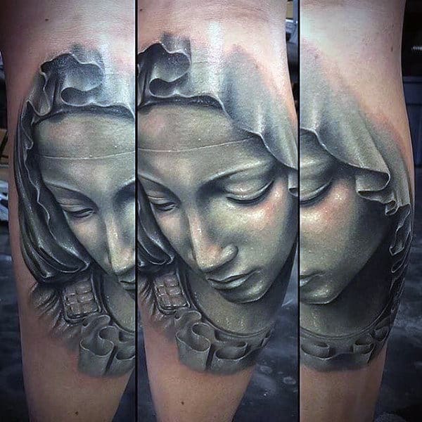 Guys 3d Virgin Mary Leg Calf Tattoos