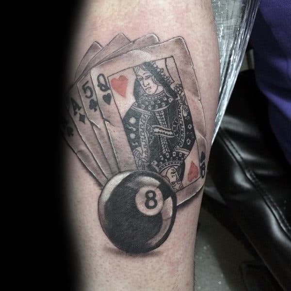 Guys 8 Ball Playing Cards Leg Calf Tattoos