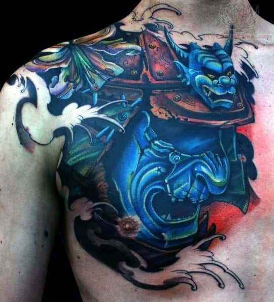 Guys Abstract Samurai Mask And Devil Head Chest Tattoo