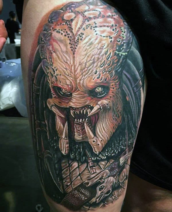 Guys Alien Vs Predator Thigh Tattoos