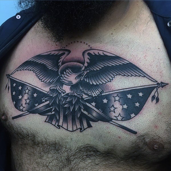 Guys American Flag Eagle Old School Upper Chest Tattoos
