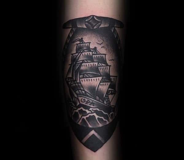 Guys Anchor Ship Black And Grey Ink Shaded Traditional Old School Inner Forearm Tattoo
