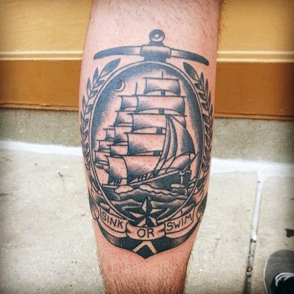 Guys Anchor Ship Mens Traditional Leg Tattoo