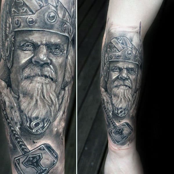 Guys Ancient Hammer Tattoo Design On Forearm