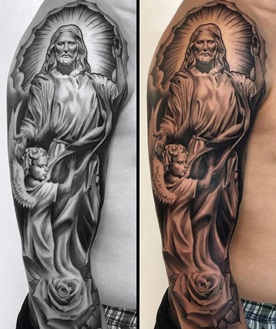Guys Angel Catholic Half Sleeve Tattoo Designs