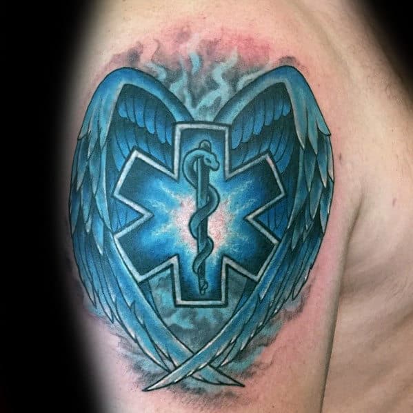 Guys Angel Wings Star Of Life Emt Upper Arm Tattoos