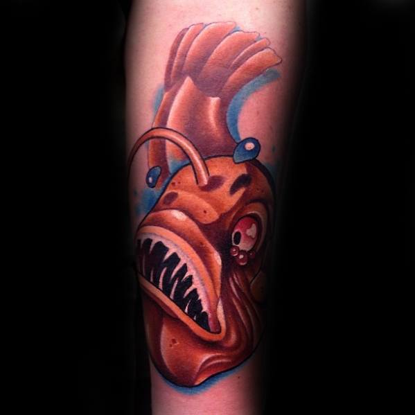 Guys Angler Fish Tattoo New School On Inner Forearm