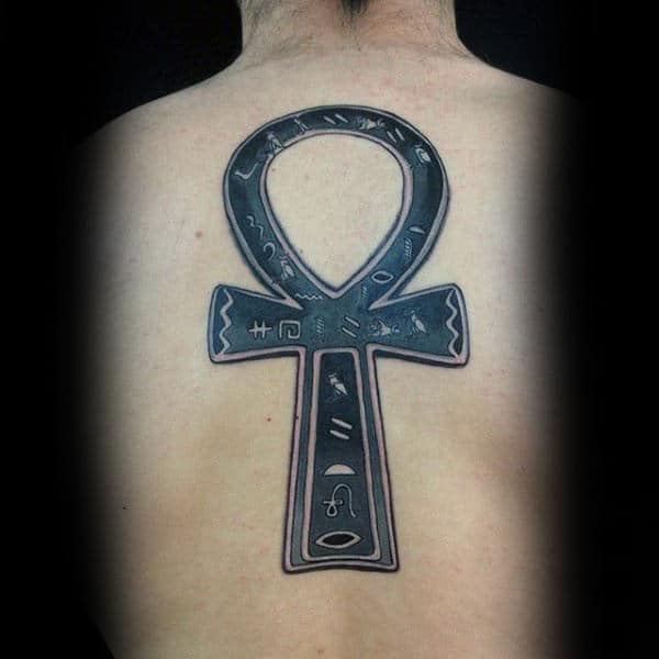Guys Ankh Back Tattoo With Hieroglypics Design