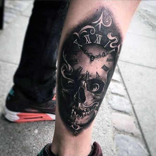 Guys Ankles Black And White Roman Numeral Clock And Skull Tattoo