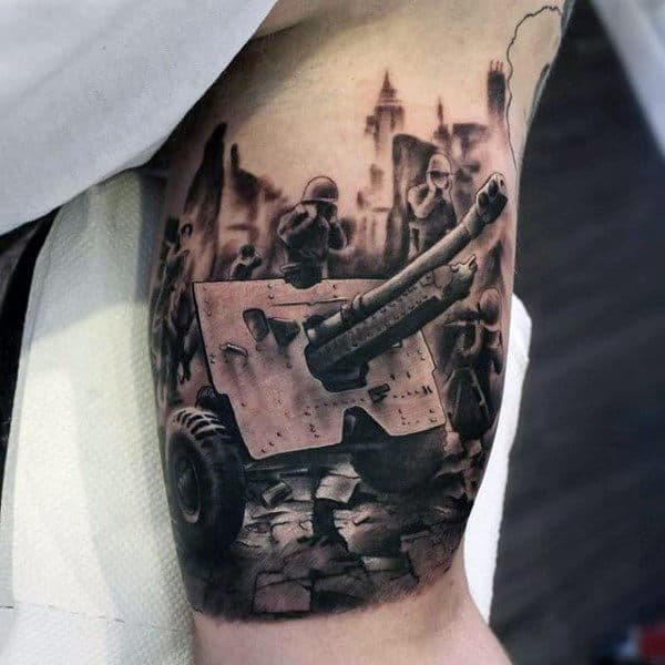 Guys Anti Tank Gun Army Bicep Tattoo Design Ideas