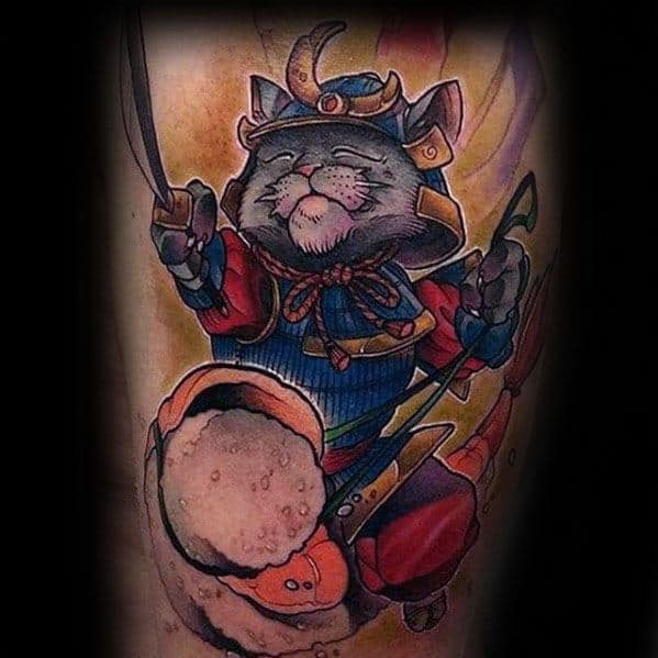 Guys Arm Cat With Sushi Tattoo Deisgns