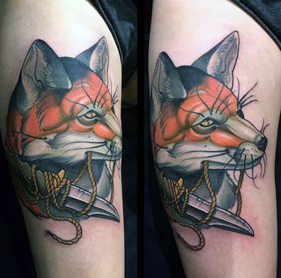 Guys Arm Fox With Roped Knife Tattoo