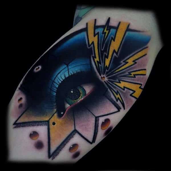 Guys Arm Modern Art Eye With Lightening Blazes Tattoo