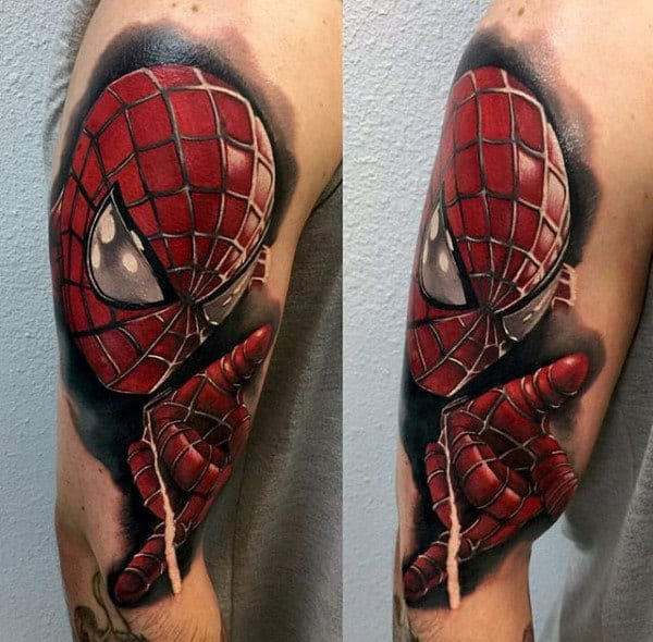 Guys Arm Spiderman Tattoos