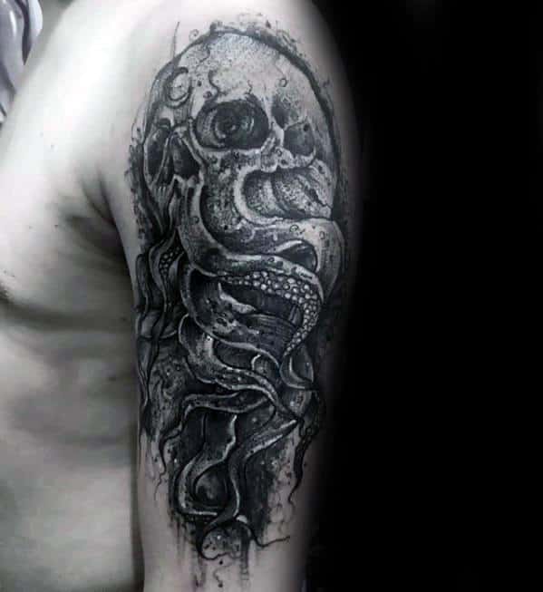 Skull surrounded by swirling octopus tentacles, with intricate shading and details, creating a dark, dramatic, and bold design.