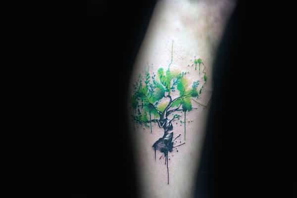Guys Arm Tiny Splashed Green Watercolor Tree Tattoo Design Ideas