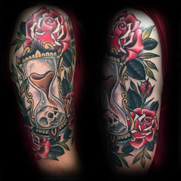 Guys Arm Traditional Hourglass Rose Flower Skull Tattoos