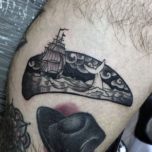 Guys Arm Whale Diving Underwater With Sailing Ship Tattoo