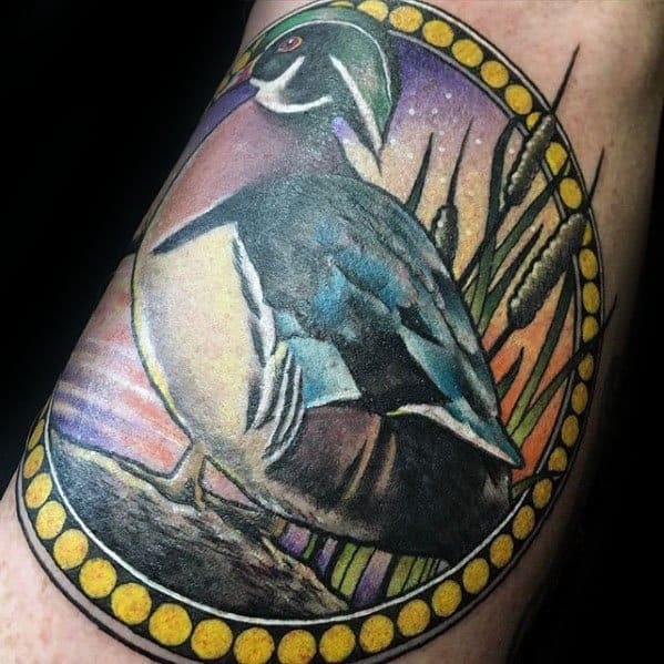 Guys Arm Wood Duck Tattoo Design Ideas