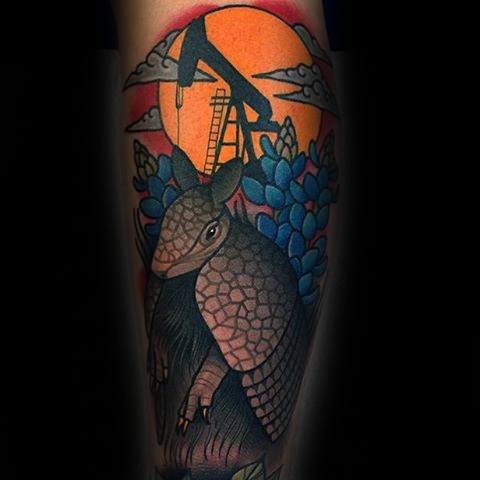 Guys Armadillo Oil Field Leg Tattoo Deisgns
